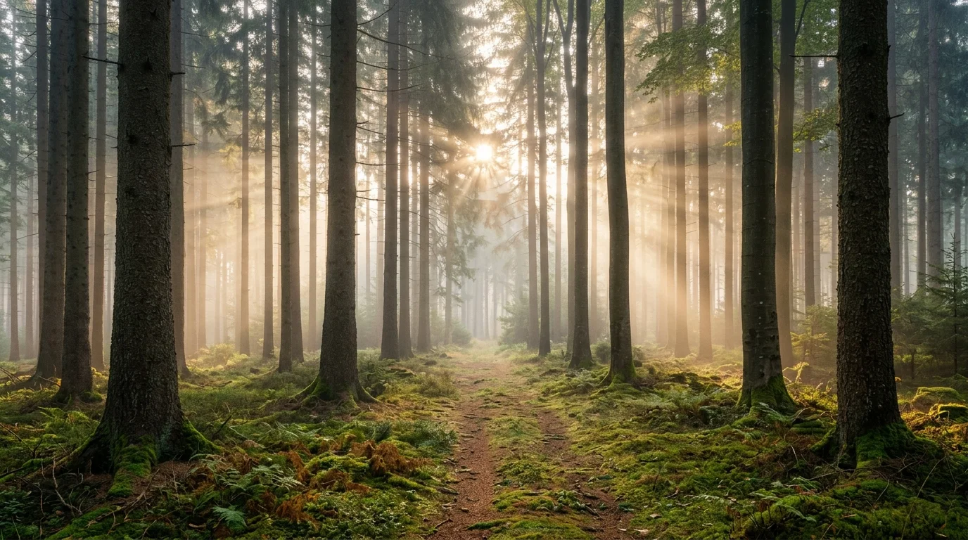 Foresta di abeti e faggi al mattino